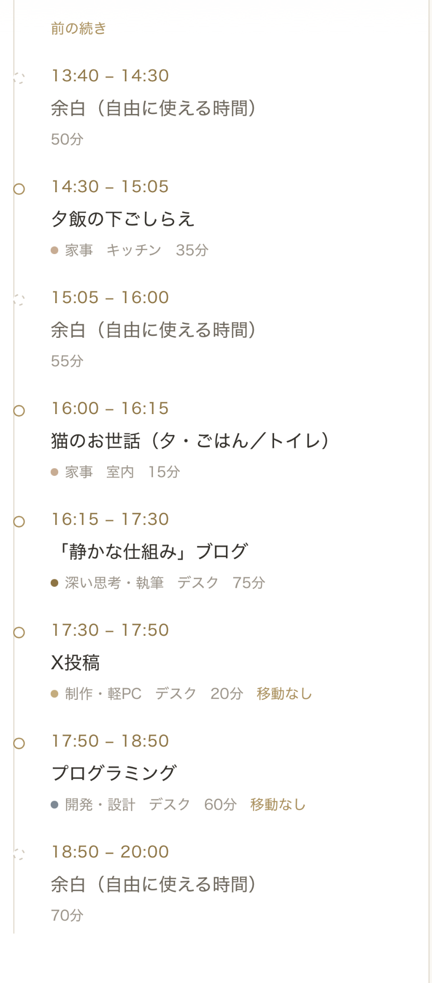 13時40分から20時までの実際の時間割