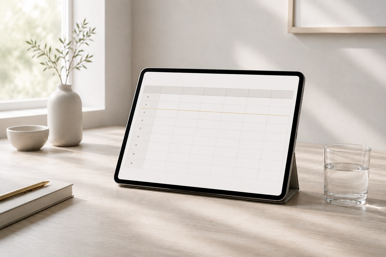 朝の光が差す机で、サブスク管理表を表示したタブレット