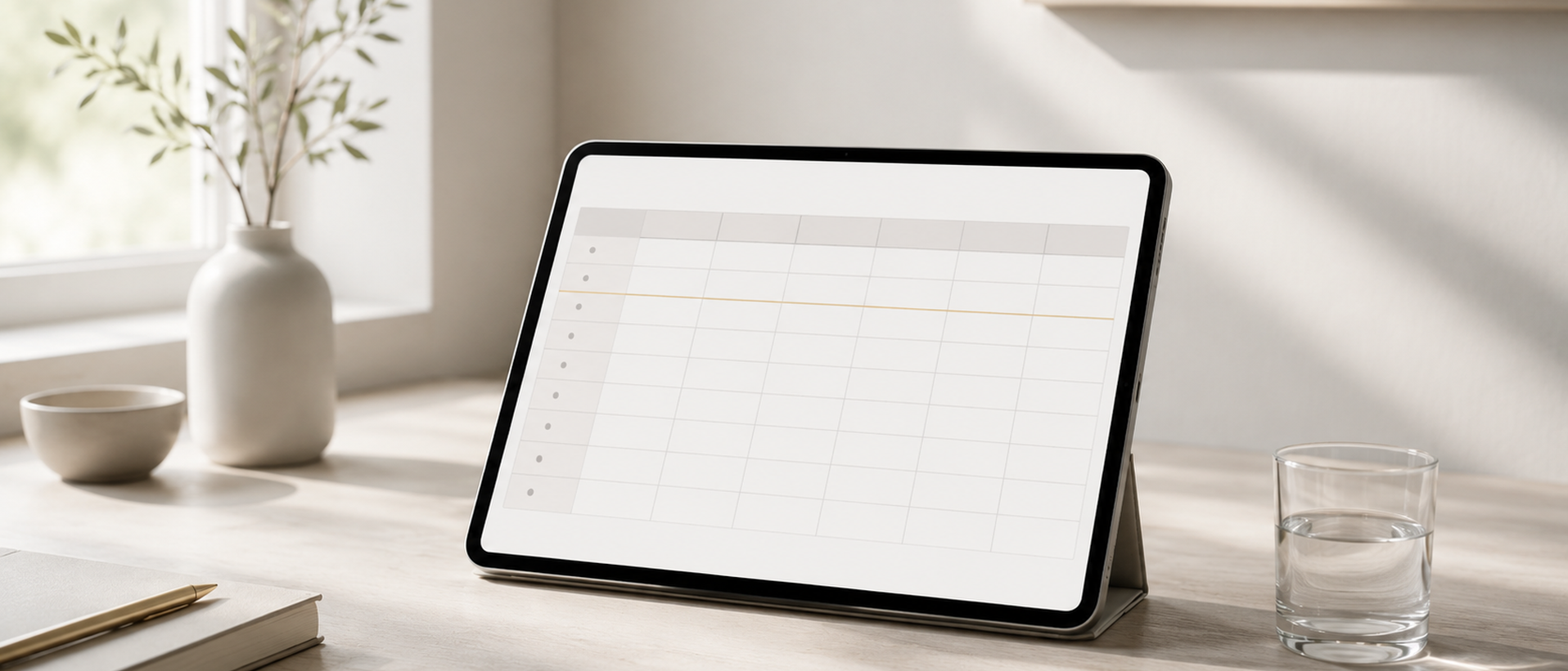 朝の光が差す机で、サブスク管理表を表示したタブレット